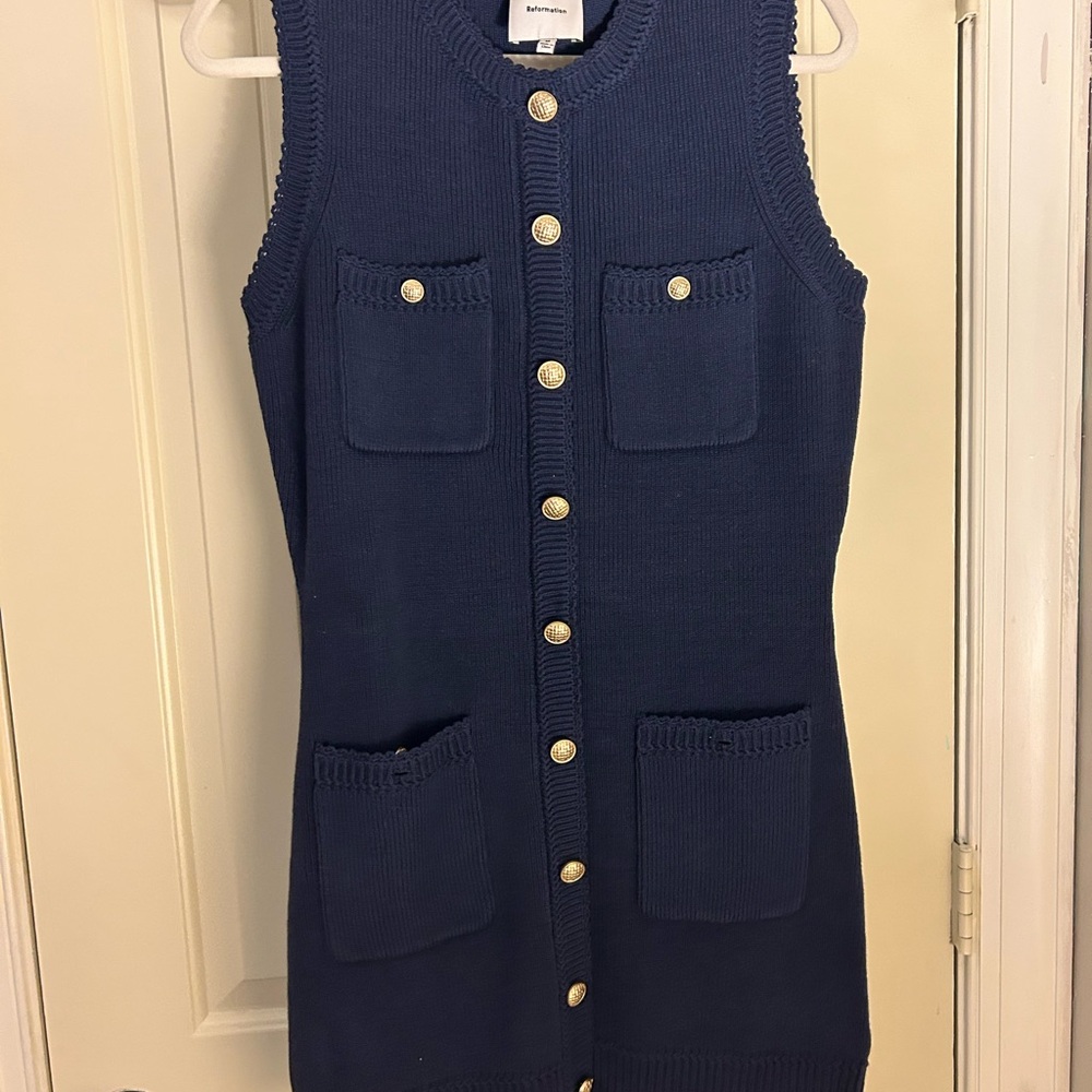 REFORMATION Navy Sleeveless Knit Dress with Gold Buttons